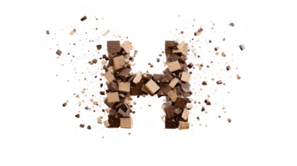 A dynamic composition featuring a stylized letter 'H' made of various chocolate pieces. exploding in a burst of fragments against a clean white background. ideal for dessert-related marketing
