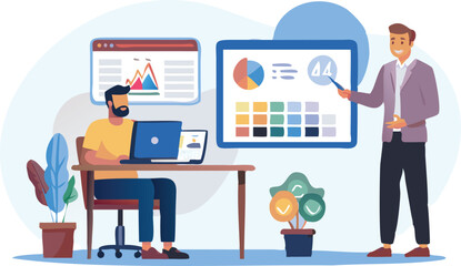 Man presenting data on screen to seated colleague working on laptop in office environment setting scene