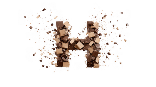 A dynamic composition featuring a stylized letter 'H' made of various chocolate pieces. exploding in a burst of fragments against a clean white background. ideal for dessert-related marketing