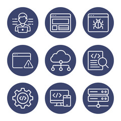 Software development icons in blue circles. Icon symbol illustration