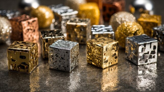 Luxurious metallic gift boxes with sparkling glitter for holiday product branding photography celebration festive shiny decor present wrapping