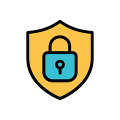Teal lock secure on gold shield. Icon symbol illustration