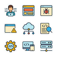 Tech icons showcase software development concepts. Icon symbol illustration