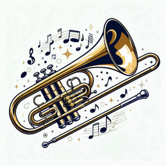 Stylized graphic illustration of a trumpet, highlighted with gold accents and encircled by musical notes.