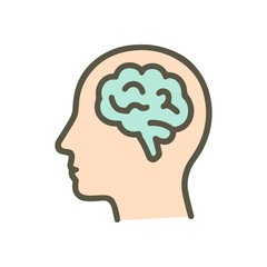 Thoughtful mind profile with bright brain. Icon symbol illustration