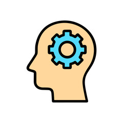 Thoughtful mind with gear as brain. Icon symbol illustration