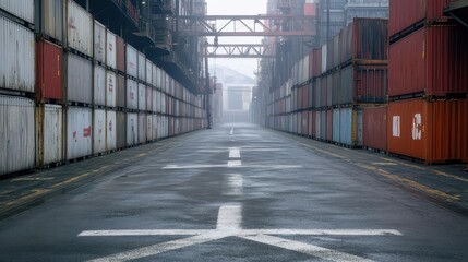 Fototapeta premium Empty Shipping Yard with Container Rows and Foggy Atmosphere
