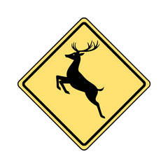 Deer Crossing Warning Sign. Yellow Diamond Road Sign with Black Silhouette of Jumping Deer, Wildlife Alert Symbol Isolated on White Background