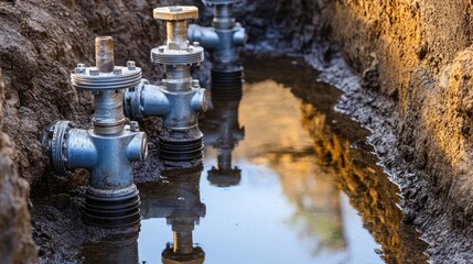 Excavation Site with Water Valves and Muddy Ground in Natural Light