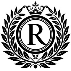 Letter r monogram with crown and laurel wreath isolated on white