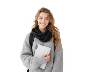 A young woman with long hair wearing a cozy sweater and scarf stands smiling against a plain white background. holding a notebook. suggesting a casual and friendly atmosphere ideal for educational o
