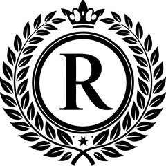 Letter r monogram with crown and laurel wreath isolated on white