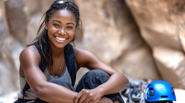 Smiling African American girl celebrates achievement after successful climbing adventure - Powered by Adobe