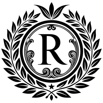 Letter r monogram with laurel wreath isolated on white background