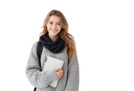 A young woman with long hair wearing a cozy sweater and scarf stands smiling against a plain white background. holding a notebook. suggesting a casual and friendly atmosphere ideal for educational o