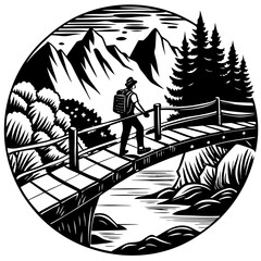 Fototapeta premium Hiker crosses a wooden bridge in a mountain landscape illustration