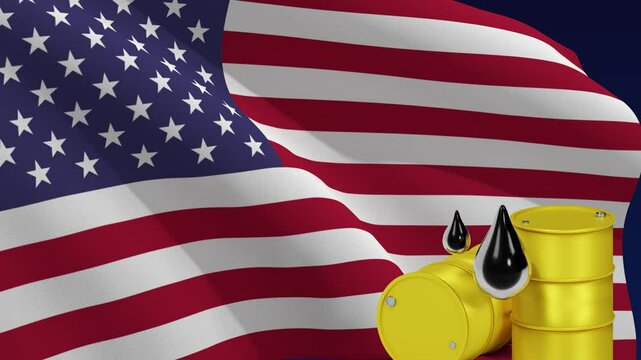US american flag and yellow barrels of oil