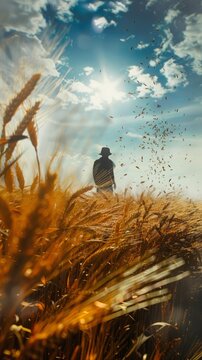 Parable of the sower in the field, sower throwing the seed, vast field with scattered grains