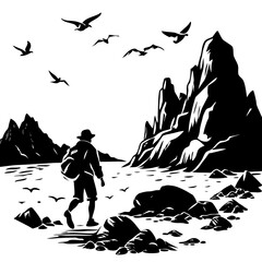 Hiker with backpack walking on rocky coast with birds flying above