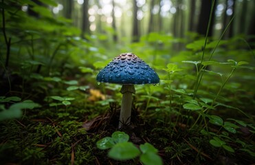 Forest Floor Scene With Fresh Psilocybe Mushroom Emerging From Moss Surrounded By Calm Early Morning Light And Gentle Nature Ambiance