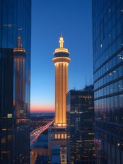 Fototapeta premium Evening cityscape with glowing tower and reflections in glass buildings at blue hour