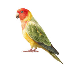 A vibrant and colorful parrot with a red and yellow head. green wings. and a yellow belly. perched gracefully. showcasing its natural beauty against a plain white background