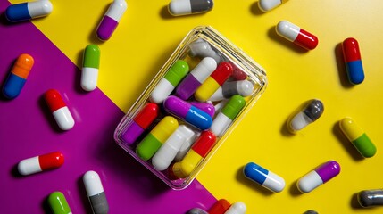 Colorful capsules and pills falling from jar for supplement product branding photography vitamins energy health vibrant drug
