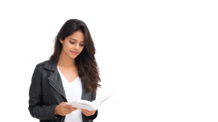 A young woman with long hair. wearing a black leather jacket and white shirt. reading a book in a minimalist studio setting with a plain background. creating a serene atmosphere