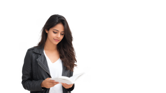 A young woman with long hair. wearing a black leather jacket and white shirt. reading a book in a minimalist studio setting with a plain background. creating a serene atmosphere