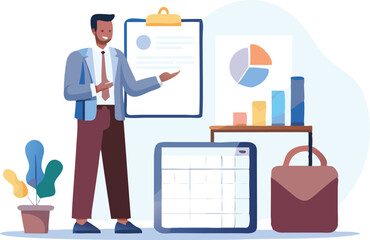 A man in a suit presenting data with charts, graphs, and a clipboard in a business setting scene