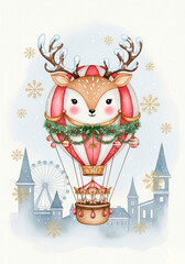 Fototapeta premium Festive Winter Hot Air Balloon with Adorable Deer, Snowflakes, and Fairground - Perfect Christmas Illustration