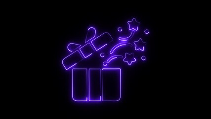 Glowing neon gift box icon isolated on black background. HD Video motion graphic animation