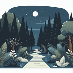 Flat, stylized depiction of a path through a dark forest at night, lit by the moon. Lush foliage and trees line the path.
