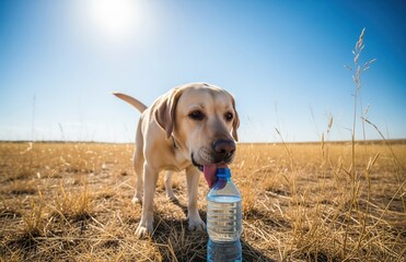 Labrador Retriever Drinks Water From Plastic Bottle on Dry Grass Under Intense Summer Sun During Heatwave Showing Pet Hydration in Scorching Conditions