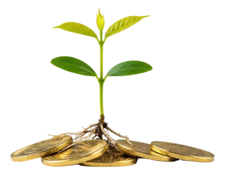 Vibrant green plant sprouting from gold coins representing financial growth and investment