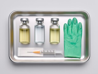 Medical tray featuring three vials of liquid, a syringe, a needle, and a green glove, arranged neatly on a stainless steel surface, illustrating healthcare preparation and safety