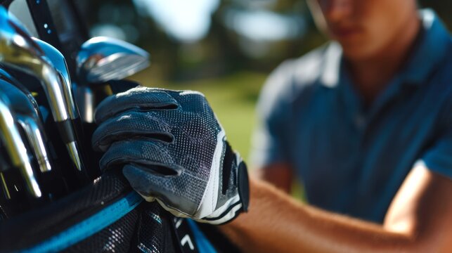 White boy adjusting glove on a golf course while preparing for a game