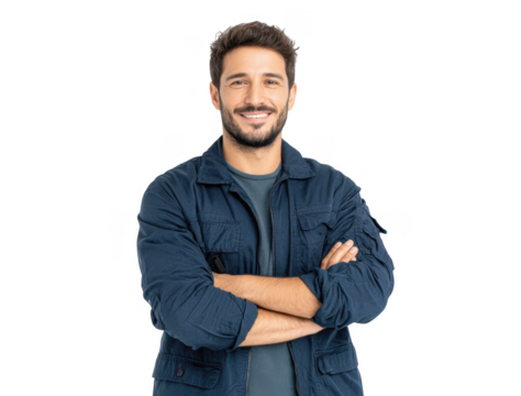 A confident young man in a blue jacket stands with crossed arms. smiling at the camera against a plain white background. ideal for professional profiles or personal branding