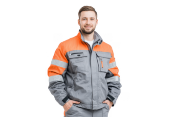 A smiling young man in a gray and orange work jacket stands confidently with hands in pockets against a plain white background. showcasing a professional and approachable demeanor for industrial con