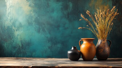 Clay pottery and dry wheat bundle against teal wall for rustic artisan product branding photography still life traditional