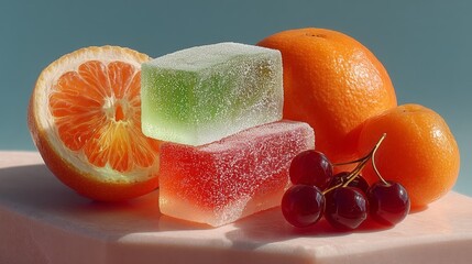 Colorful jelly candies and citrus fruits on white background for sweet snack product branding photography freshness fun