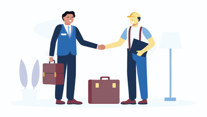 A businessman and a construction worker shaking hands with briefcases in an office setting depicted