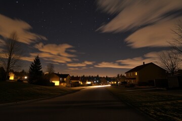 Night Scene of Suburban Street with Starry Sky and Clouds