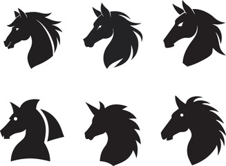 Set of 6 Horse Head Silhouettes in Black Isolated on White Background for Logo and Tattoo Design  