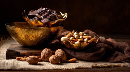 Chocolate chunks and assorted nuts in rustic bowl for snack food product branding photography natural indulgence concept