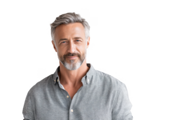 A confident middle-aged man with gray hair and a beard smiles warmly against a plain white background. conveying a sense of professionalism and approachability. ideal for business or lifestyle theme
