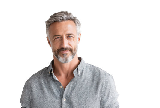 A confident middle-aged man with gray hair and a beard smiles warmly against a plain white background. conveying a sense of professionalism and approachability. ideal for business or lifestyle theme