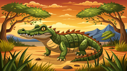 Fototapeta premium Cartoon crocodile standing on dry savanna ground with grass, trees and mountains under an orange sunset sky