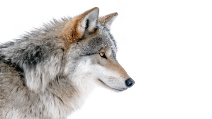 A close-up profile of a majestic wolf in a snowy landscape. showcasing its detailed fur and sharp gaze. while the soft snowflakes fall gently in the background. creating a serene winter scene