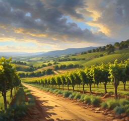 Naklejka premium Illustration of path in wineyard field.